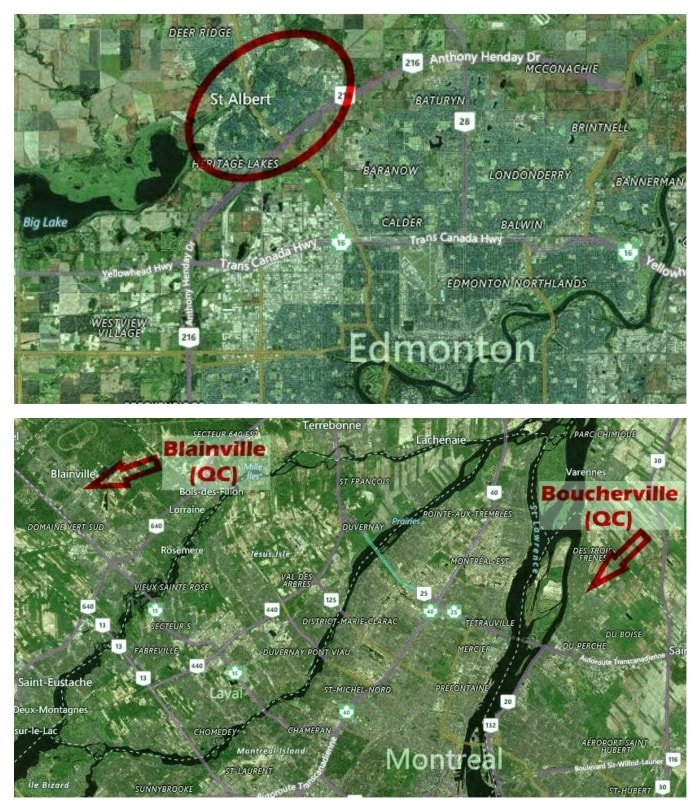 Arriba: St. Albert (Alberta). Abajo: Blainville y Boucherville (Quebec). Imágenes: Bing Maps