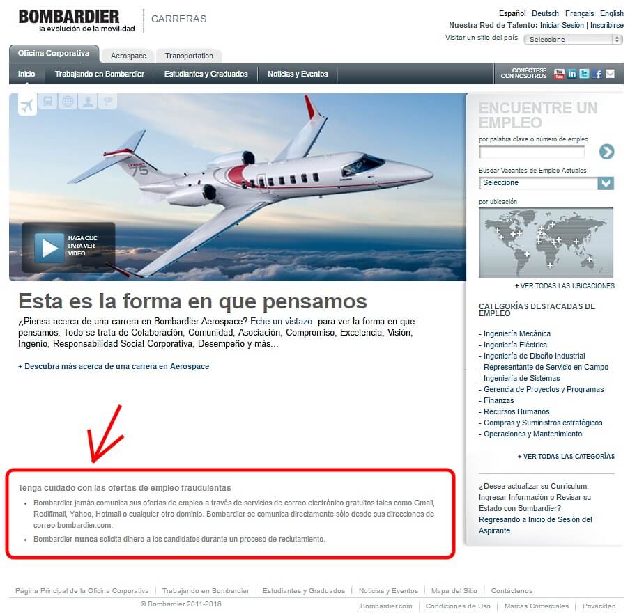 Advertencia ante los fraudes, realizada por Bombardier